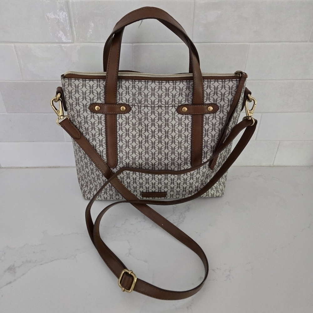 Fossil Felicity Signature Crossbody Satchel Purse Bag Logo Taupe Vegan Leather - Picture 1 of 10